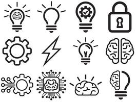Innovation and Technology Icon Set - Light Bulb, Brain, Gear, AI, Circuit vector