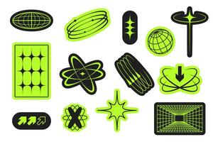 Neon green Y2K style stickers with futuristic shapes and symbols vector