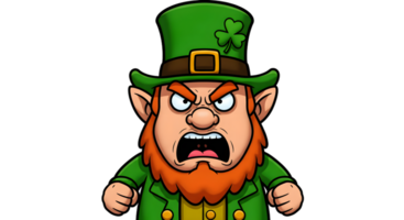Angry leprechaun in traditional green attire, shaking his tiny fists in rage, isolated transparent background png
