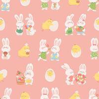 Cute Easter bunny seamless pattern. Pink Easter background with rabbits and chicks characters. Pattern with bunny couples for wrapping paper, packages, fabric, Easter invitation card, banner, website. vector
