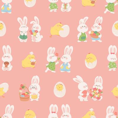 Cute Easter bunny seamless pattern. Pink Easter background with rabbits and chicks characters. Pattern with bunny couples for wrapping paper, packages, fabric, Easter invitation card, banner, website.