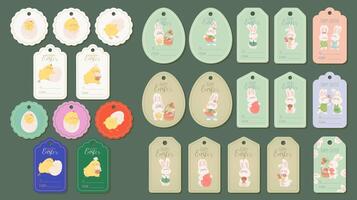 Easter tags with cute bunnies and chicks. Easter set of gift tags and price tags for spring holiday with rabbits, eggs, flowers. Illustration for tag, label, and badge with cartoon characters. vector