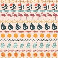 Tropical seamless retro pattern in African style with palm leaves, shell and flamingo. vector