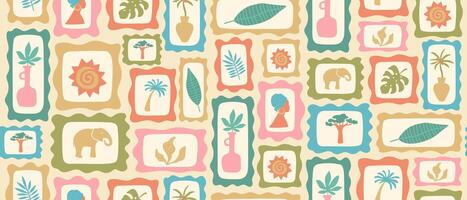 Hand drawn summer tropical seamless pattern in retro style. Patchwork illustration. vector