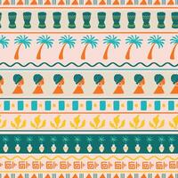 Hand drawn tropical seamless pattern in retro style with palm trees, totem and African woman. African tropical background. vector