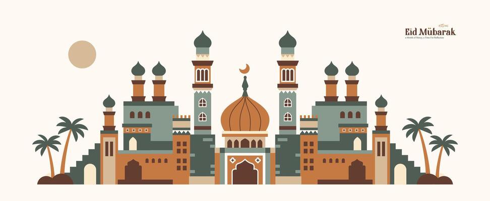 Ancient Arabic mosque landscape pattern, Ramadan Kareem, Eid al-Fitr with pastel colored Arabic and Islamic icons