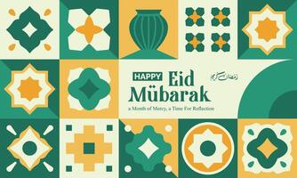 abstract geometric pattern of eid al fitr, ramadan kareem with various green colored islamic icons and symbols vector