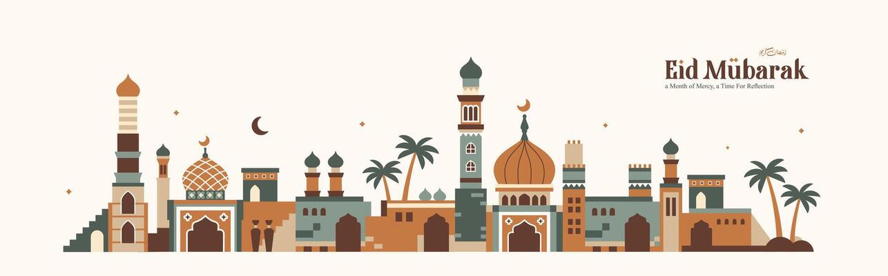 Ancient Arabian city landscape pattern with various buildings, Ramadan Kareem, Eid al-Fitr with pastel colored Arabic and Islamic icons
