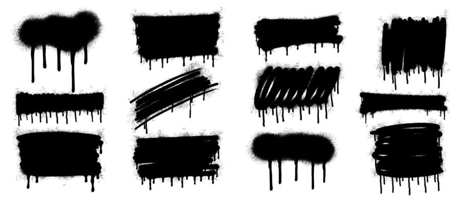 Set of graffiti Spray painted Drips Black ink splatters isolated on white background. Spray graffiti element set, can splatter brush drip freehand kit.