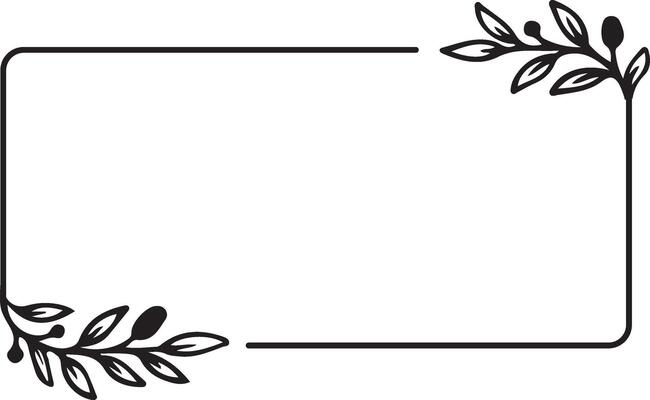Minimalist Floral Frame with Leaves, Black Line Art Border.