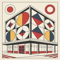 Geometric Facade A minimalist building with a modern design featuring striking geometric shapes and vibrant primary colors, Bauhaus design geometric shapes vector