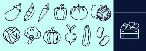 Line icons of vegetables set containing eggplant, peas, carrot,tomato, onion, cabbage, pepper, broccoli, sweet potato, zucchini, beans, veggies box. Editable elements, size and color. vector
