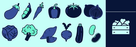 Vegetables icon set with eggplant, carrot, pepper,tomato, onion, cabbage, broccoli, sweet potato, zucchini, beans, crate of veggies. Editable elements, size and color. vector