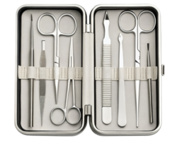 Manicure and pedicure tool set in a metal case on a transparent background png