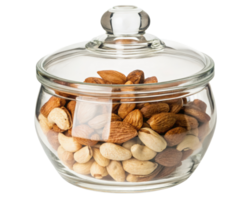 Clear glass jar filled with assorted nuts on a transparent background png