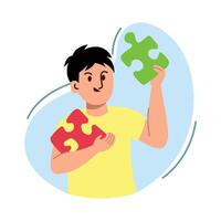 Flat illustration of a young man holding puzzle pieces, symbolizing problem-solving, strategy, and teamwork. Perfect for business, education, and creativity themes. vector