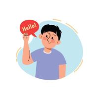 Smiling boy in a blue shirt holding a red speech bubble saying Hello in a flat cartoon style. Friendly greeting concept on a modern background. vector