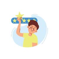Happy boy adding a star to a five-star rating bar. Flat illustration representing feedback, review, quality rating, customer satisfaction, and excellence vector