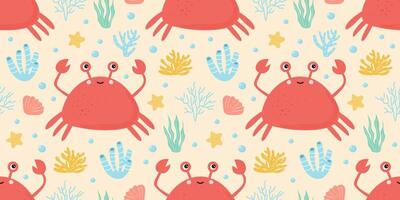 Childish pattern with crabs, corals and starfish vector