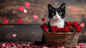 A black and white cat sitting in a basket with red roses photo