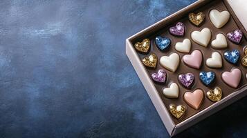 A box of chocolates with hearts on a blue background photo