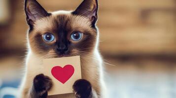 Siamese cat holding a heart shaped card photo