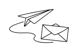Paper plane and mail. Sending Email message and newsletter Hand drawn line art flat illustration vector