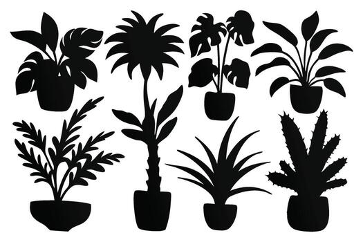 Houseplants home plants silhouettes set isolated flat illustration on white background. vector