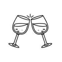 Two glasses of red wine Champagne toast and cheers in simple linear style. Alcohol and cocktail drink menu in editable stroke Hand drawn line art flat illustration vector