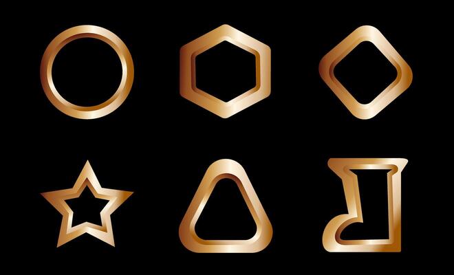 Collection of golden geometric shapes on a black background