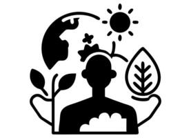 A stylized graphic depicts a person surrounded by elements representing sustainability and environmental consciousness. vector