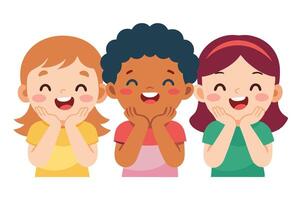 Cartoon Smiling Multiethnic Children Supporting Chin With Hands on White Background vector