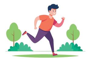 Cartoon Man Jogging with Smile in Garden on White Background in Flat Style vector