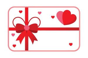 Present Card with Red Ribbon and Two Hearts on White Background, Valentines vector
