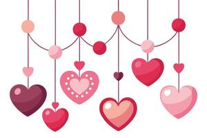 Hanging Hearts and Spheres Garland in Shades of Pink and Red on White Background vector
