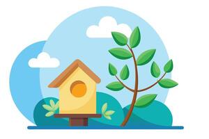 Birdhouse with Tree Branch Against Blue Sky Design vector