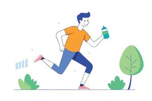 Joyful Man Running with Water Bottle in Hand on White Background in Flat Design vector