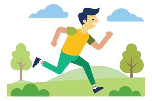 Man in Green Running Through Nature Landscape Flat Design vector