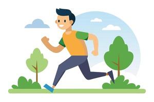 Active Cartoon Man Jogging Outdoors Flat Design with Trees and Sky Scenery vector