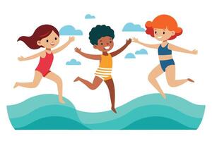 Happy Multiethnic Girls Jumping on Ocean Waves, Cartoon Style with White Background vector