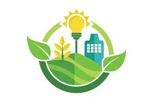 Green Energy Icon with Building, Leaf, Bulb, Wheat in on White Background vector