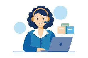 Smiling Woman with Headset Working on Laptop Computer Design vector