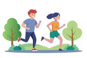 Active Man and Woman Running in Nature Flat Style Character with Trees vector