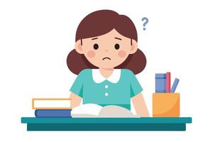 Puzzled Brunette Girl at Desk with Books and Question Mark on White Background vector