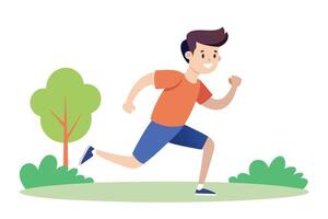 Active Man Running Outdoors on Green Lawn with Tree on a White Background vector