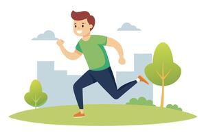 Cheerful Man Running in City Park, Flat Design on White Background vector