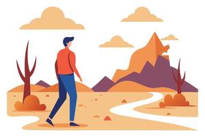 Man Walking in Desert Landscape with Mountain View, orange clouds, simple style vector