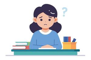 Confused Girl with Question Mark Studying at Desk with Books in Flat Design vector