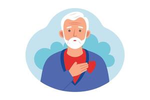 Elderly Man Heart Touching Gesture, Red Heart Graphic, Cartoon Style on Cyan Background vector
