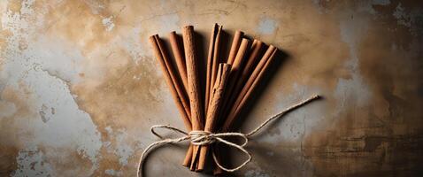 Cinnamon Sticks Tied with Natural Twine on Rustic Wooden Background photo